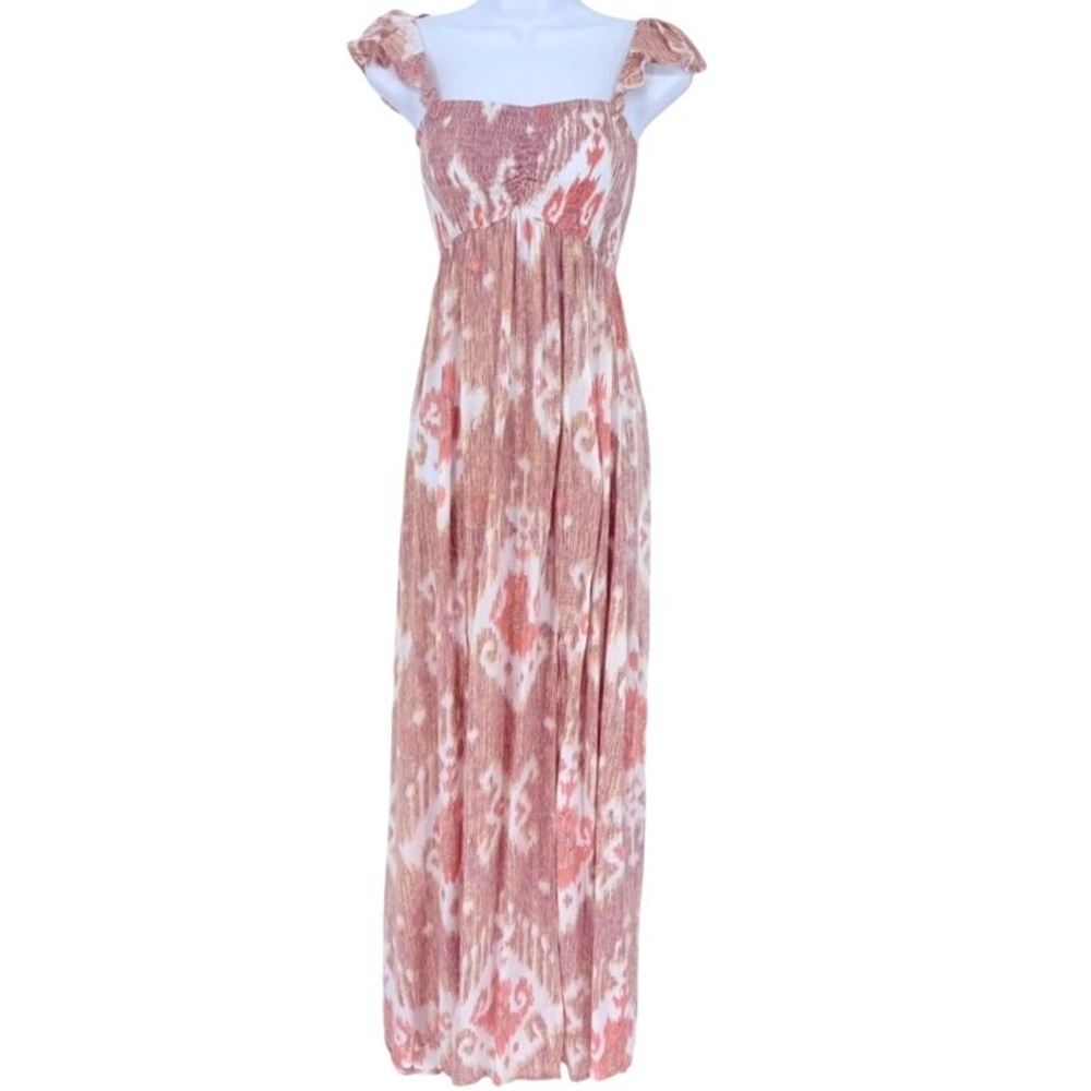 Anthro Tiare Hawaii Pink Ikat Smocked Maxi Dress Ruffle Sleeve Womens Size S/M